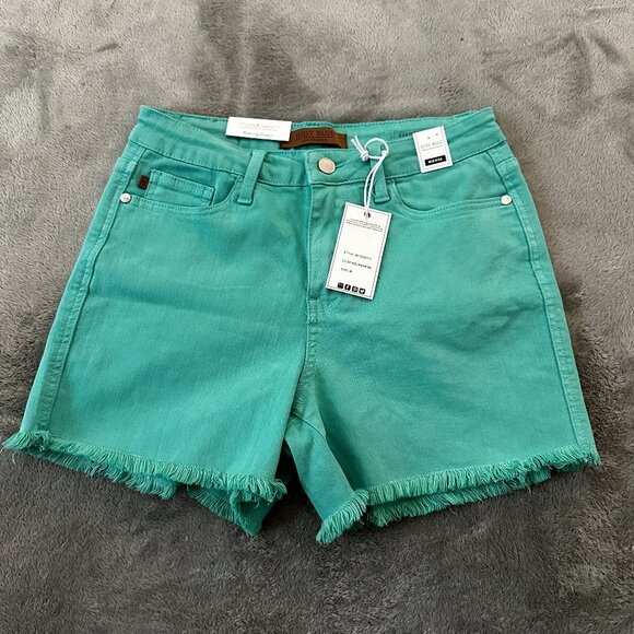 NWT Judy Blue Mid-Rise Cut-Off Shorts Aqua Blue Women's MEDIUM Stretch - Picture 1 of 7